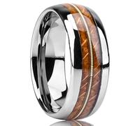 Stfery Tungsten Steel Curve Band Ring for Men, Silver Brown Wood Guitar String Inlay Ring 8mm Size S 1/2