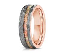 Stfery Tungsten Steel Unisex Two-tone Hammered Finish Band Ring Rose Gold Grey Silver Opal Inlay Ring 6mm for Couple Size L 1/2