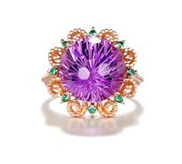 Stfery Wedding Band for Her Rose Gold 18K Flower Set with 11ct Round Amethyst and Emerald Promise Rings Size Q 1/2