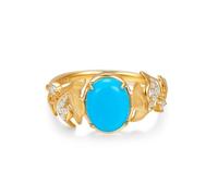 Stfery Wedding Rings Gold 9 Kt for Her, Vintage Leaf Oval Turquoise Band Ring Yellow Gold Engagement Ring with 1.5ct Turquoise and Diamonds9 Karat Size N 1/2
