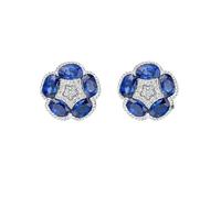 Stfery White Gold Sapphire Stud Earrings 18 Karat, Pave Diamonds Flower Earrings Real Gold 18K for Women
