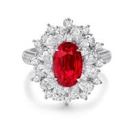 Stfery White Gold Wedding Rings 14K in Created Ruby, Luxury Gemstone Flower Cocktail Ring for Women, Real Gold Anniversary Ring with 3ct Oval Lab Grown Ruby and Moissanite Au585 Size L 1/2