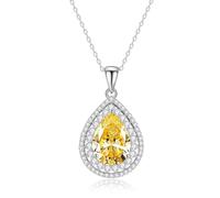Stfery Womens 14 Karat White Gold Necklace, Pave Halo Pendant Necklace with 10x14mm Pear Citrine Moissanite Real Gold AU585