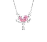 Stfery Womens Platinum Necklace, Planet Drop Necklace with Created Pink Sapphire Moissanite Real Gold PT950