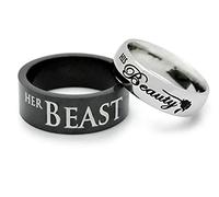 Stfery Womens Stainless Steel Ring Font his Beauty her Beast Ring Couple Silver Band Rings for Valentine's Day, J 1/2