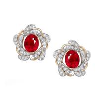 Stfery Yellow Gold Ruby Stud Earrings 9K for Women, Flower Stud Earrings with 0.78ct Pigeon Blood Ruby and Diamonds Gold Au375