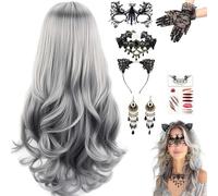 STFYUG Halloween Wig Women's Grey, Grey Wig Long Hair Curly, Long Wavy Silver Grey Wig, Women's Grey, Witch Wig Gothic Necklace Bracelets for Halloween Carnival, Theme Party