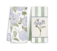 STHTTSW Hydrangea Floral Kitchen Towels, Cottagecore Flower Dish Tea Towels, Green Striped Myosotis Hydrangea Flower Decorative Hand Towels for Bathroom, Floral Bathroom Decor, 16x24 Inch Set of 2
