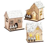 Stibzeup Christmas Village Sets 3PCS LED Light up Wood Christmas Village Scene Battery Operated Mini Christmas House Decorations for Table Window Bedroom