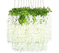 Stibzeup Wisteria Hanging Flowers 12Pcs 3.77 Ft Artificial Wisteria Hanging Flowers Garland Decorative Fake Flower Garland Realistic Silk for Home Wedding Decor, White
