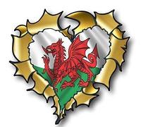 Sticar-it Ltd GOLD Heart Shaped RIPPED TORN METAL Car Sticker Welsh Wales CYMRU Flag Vinyl decal 105x100mm approx.