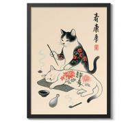 Stick N Poke, Japanese Wall Art, Cat Poster (A4 Black)