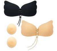 Stick On Bra, Strapless Bras for Women, 2 Pairs Backless Sticky Bra Push Up with Small Sticky Bra, Invisible Adhesive Bra with Drawstring for Wedding Party Everyday Wearing (UK, Cup & Band, A)