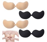 Stick On Bra, Strapless Push Up Bra, 4 Pairs of Black and Skin Color Sticky Bra for Women, Stick On Bra Push Up for Low Cut Dress Weddings Parties Dances (UK, Cup & Band, B, Black and Nude Colors)
