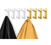 Stick on Hooks for Hanging - Extra Strong 6KG, Coat Towel Hook on Door and Wall, Metal Stainless Heavy Duty, Self Adhesive Hangers for Bathroom Shower Kitchen, White & Golden 8 Hooks in 2 Pack