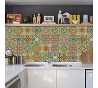Stick on Kitchen Tiles Retro Blue Yellow Pattern Self Adhesive Wall Tiles PVC for Fireplace Surround Furniture Decoration Kitchen Backsplash Bathroom Tile Stickers Waterproof