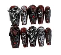 Stick on nails 10 Pieces Sweet Cool Dark Handmade Wearable Nails Star River Falls Nail Art Patches Scarlet Angel Halloween Fake(Color-1-XS)