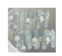 Stick on nails 10pcs Blue And White Gradient Pure Desire System Is Removable Handmade Fake Nails, Camellia(M)
