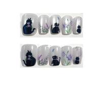 Stick on nails 10Pcs Cute Black Cat Fragrance Sweet Flower Handmade Press On Nails Square Head Nail Patch Eye Slices Fake Art(Color-1-S)