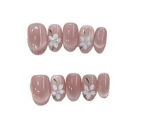 Stick on nails 10pcs Hand-painted pink cat's eye flowers handmade fake nails, Pink short nail decoration patches(Color-1-M)