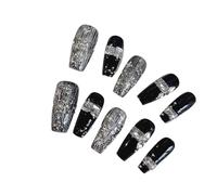 Stick on nails 10pcs handmade shaped nails, beautiful fake, Halloween silver black striped decorative nail art, suitable for women(Color-1-M)