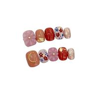 Stick on nails 10pcs Purple Short Round Press On Nails Gold Foil Floral Carving Flower Design Handmade Fake Cute False Nail Detachable(Color 2-M)