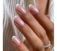 Stick On Nails, 24Pcs Almond French Tip False Nails Nude Pink, Fake Nail Short with Sparkling, Impress Nail Press On, Decorations Reusable for Women Girls Daily
