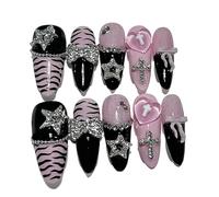 Stick on nails Black Pink Long Tip French Press On Nails Bow Star Cross Love Zebra Print Fake(Color-1-L)