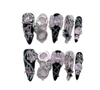 Stick on nails Black Red Long Tip Handmade Press On Nails Cross Spider Love Diamond Fake Bow Cool Dark Nail Art(Color-2-L)