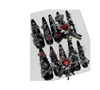Stick on nails Black Red Long Tip Handmade Press On Nails Cross Spider Love Diamond Fake Bow Cool Dark Nail Art(Color-1-XS)