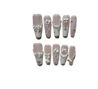 Stick on nails Cute Pearl Bow Handmade Press On Nails Sweet Plaid Skirt Ballet Long Nail Art Beaded Glitter White Fake(Long-XS)