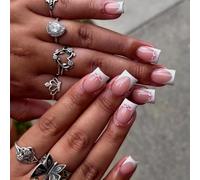 Stick on Nails French Tip - 24pcs French Manicure False Nails - Nude Bow Tie & Rhinestones Fake nails with Glue - french Tip Press on Nails - Medium Square nail Tips Full Cover Long Lasting for Women