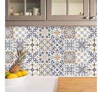 Stick on Tiles 10x240 cm Yellow Blue Morocco Tile Stickers Waterproof PVC Stick on Bathroom Tiles for Fireplace Surround Cabinet Wall Kitchen Home Decor 1 Pcs