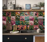 Stick on Tiles 15x15 cm Pink Flower Green Tile Stickers for Kitchen Bathroom Home Decor Waterproof Oil Proof PVC Peel and Stick Self Adhesive Wall Tiles 24 Pcs