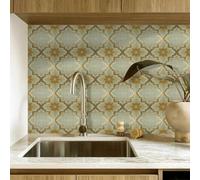 Stick on Tiles 30x30 cm Green Gold Retro Tile Stickers Waterproof PVC Stick on Bathroom Tiles for Fireplace Surround Cabinet Wall Kitchen Home Decor 10 Pcs