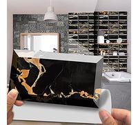 Stick on Tiles Black Orange Marble Tile Stickers PVC Self Adhesive Wall Tiles Heat Resistant Tile Stickers for Kitchen Bathroom Waterproof Peel and Stick Floor Tiles Tile Paint 48 pcs