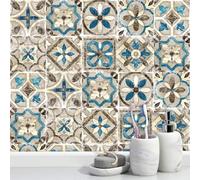 Stick on Tiles Blue Yellow Retro Tile Stickers Vinyl Waterproof Oilproof DIY Home Decor for Home and Kitchen Bathroom Cabinets Fireplaces Furniture Self Adhesive Wall Tiles 10x10cm /10 Pcs