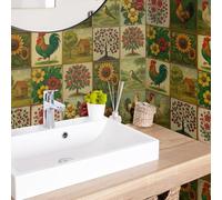 Stick On Tiles Chicken Green Tree Tile Stickers PVC Peel and Stick on Bathroom Tiles Durable Waterproof Oil-Proof Self Adhesive Wall Floor Tile Covers Removable Kitchen Stickers 20x20cm/24 Pcs