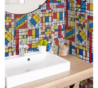 Stick On Tiles Colorful Geometry Blue Tile Stickers PVC Peel and Stick on Bathroom Tiles Durable Waterproof Oil-Proof Self Adhesive Wall Floor Tile Covers Removable Kitchen Stickers 15x15cm/24 Pcs