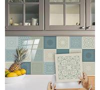 Stick on Tiles Duck Egg Blue Mandala PVC Self Adhesive Wall Tiles Heat Resistant Peel and Stick Floor for Kitchen Bathroom 15x15cm/10 Pcs