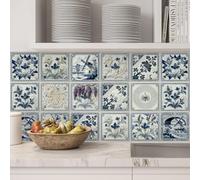 Stick on Tiles Elegant Blue Pattern Oil Proof Tile Stickers Kitchen Peel and Stick on Bathroom Tiles Vinyl Thicken Self Adhesive Floor Tile Transfers Removable 20x20cm/10 Pcs