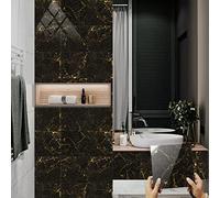 Stick on Tiles Gold Black Marble Tile Stickers PVC Self Adhesive Wall Tiles Heat Resistant Peel and Stick Floor Tiles Kitchen Stick on Wall Tiles Bathroom Kitchen 30x30cm/12 Pcs