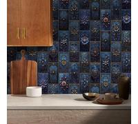 Stick On Tiles Golden Blue Mandala Tile Stickers PVC Peel and Stick on Bathroom Tiles Durable Waterproof Oil-Proof Self Adhesive Wall Floor Tile Covers Removable Kitchen Stickers 10.16x20.32cm/32 Pcs