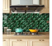 Stick On Tiles Golden Green Marble Tile Stickers PVC Peel and Stick on Bathroom Tiles Durable Waterproof Oil-Proof Self Adhesive Wall Floor Tile Covers Removable Kitchen Stickers 10.16x20.32cm/16 Pcs