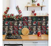 Stick on Tiles Green Christmas Penguin Kitchen Tile Stickers for Bathroom Waterproof Oil Proof Self Adhesive Cabinet Peel and Stick Wall Tiles Home Decor 20x20cm/24 pcs