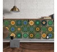 Stick On Tiles Green Mandala Orange Tile Stickers PVC Peel and Stick on Bathroom Tiles Durable Waterproof Oil-Proof Self Adhesive Wall Floor Tile Covers Removable Kitchen Stickers 10x10cm/24 Pcs