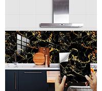 Stick on Tiles Marble Gold Black Tile Stickers PVC Self Adhesive Wall Tiles Heat Resistant Peel and Stick Floor Tiles Kitchen Stick on Wall Tiles Bathroom Kitchen 15x15cm/10 Pcs