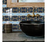 Stick on Tiles Navy Blue Gold Tile Stickers PVC Self Adhesive Wall Tiles Heat Resistant Peel and Stick Floor Tiles Kitchen Stick on Wall Tiles Bathroom Kitchen 20x20cm/10 Pcs
