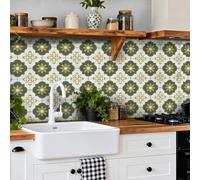 Stick on Tiles Olive Green Flowers Tile Stickers Vinyl Waterproof Home Decor for Kitchen Bathroom Cabinets Fireplace Surround Furniture Self Adhesive Wall Tiles 10x10cm /24 Pcs