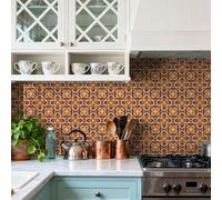 Stick on Tiles Orange Retro Flower Tile Stickers Vinyl Waterproof Home Decor for Kitchen Bathroom Cabinets Fireplace Surround Furniture Self Adhesive Wall Tiles 10x10cm /24 Pcs